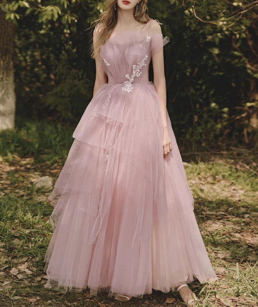 A line Tulle Pink Long Prom Dresses Formal Pink Prom Dress With