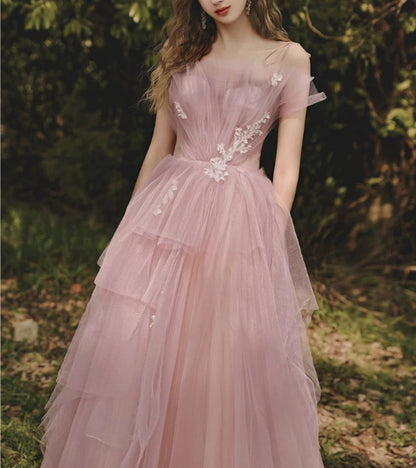 A line Tulle Pink Long Prom Dresses Formal Pink Prom Dress With