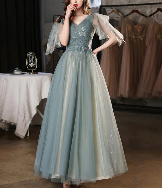 Green v neck tulle lace long prom dress green tulle prom dress