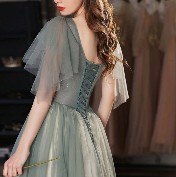 Green v neck tulle lace long prom dress green tulle prom dress