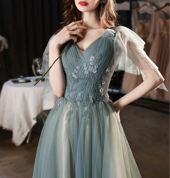 Green v neck tulle lace long prom dress green tulle prom dress