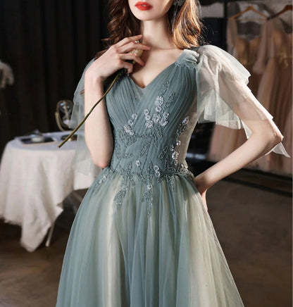 Green v neck tulle lace long prom dress green tulle prom dress