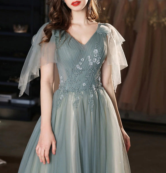 Green v neck tulle lace long prom dress green tulle prom dress