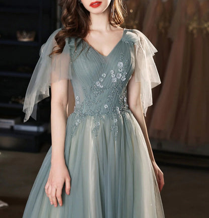 Green v neck tulle lace long prom dress green tulle prom dress