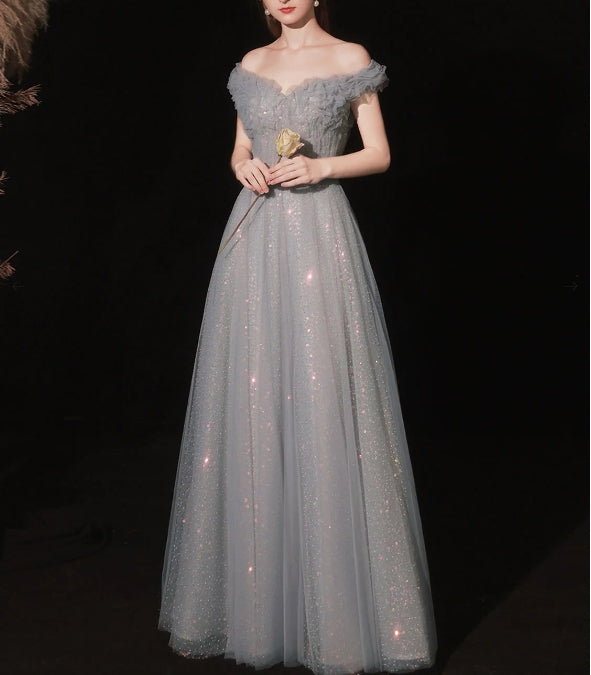 Gray Aline tulle long prom dress gray tulle formal prom dress