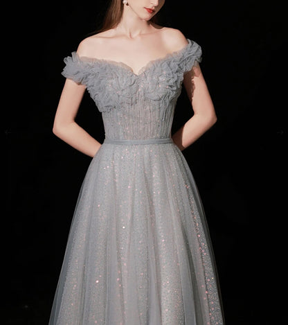 Gray Aline tulle long prom dress gray tulle formal prom dress