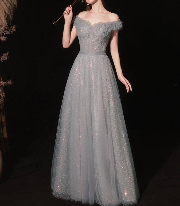 Gray Aline tulle long prom dress gray tulle formal prom dress