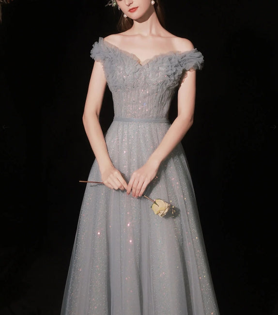 Gray Aline tulle long prom dress gray tulle formal prom dress