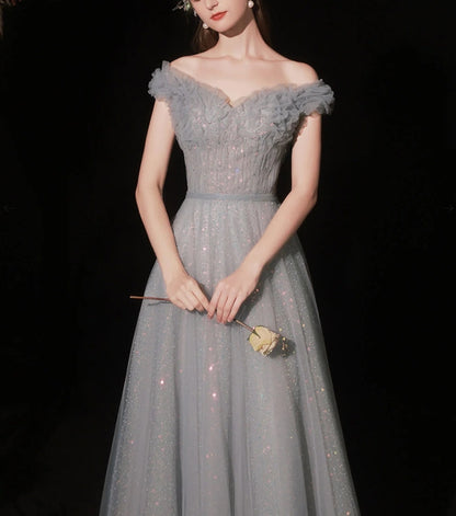 Gray Aline tulle long prom dress gray tulle formal prom dress