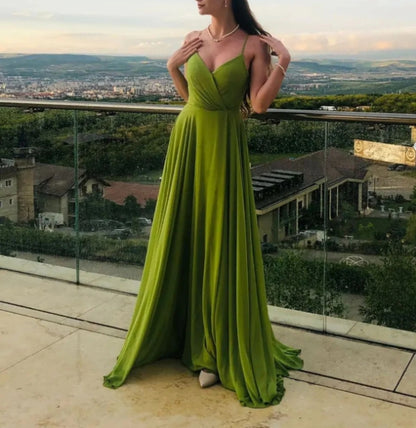 Simple A line green chiffon long prom dress green prom dress