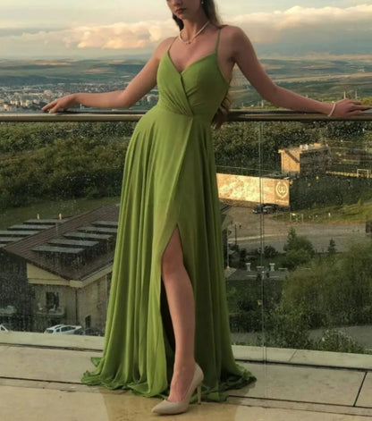 Simple A line green chiffon long prom dress green prom dress