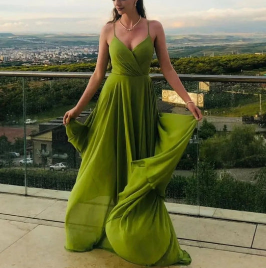 Simple A line green chiffon long prom dress green prom dress