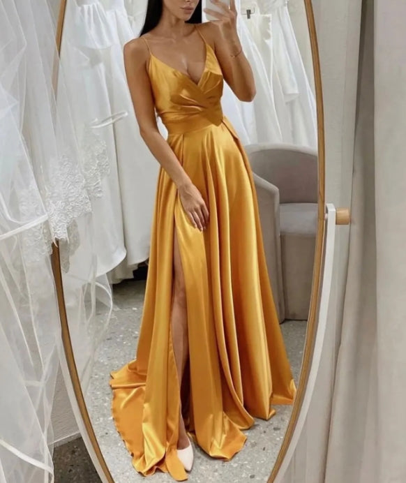 Simple v neck satin yellow long prom dress yellow prom dress