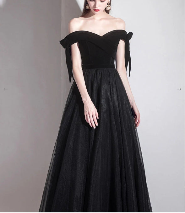 Simple black off shoulder tulle long prom dress black prom dress