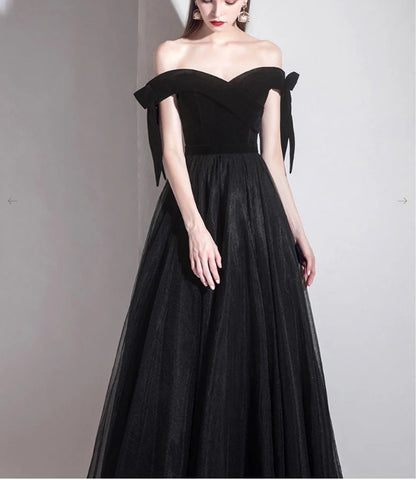 Simple black off shoulder tulle long prom dress black prom dress