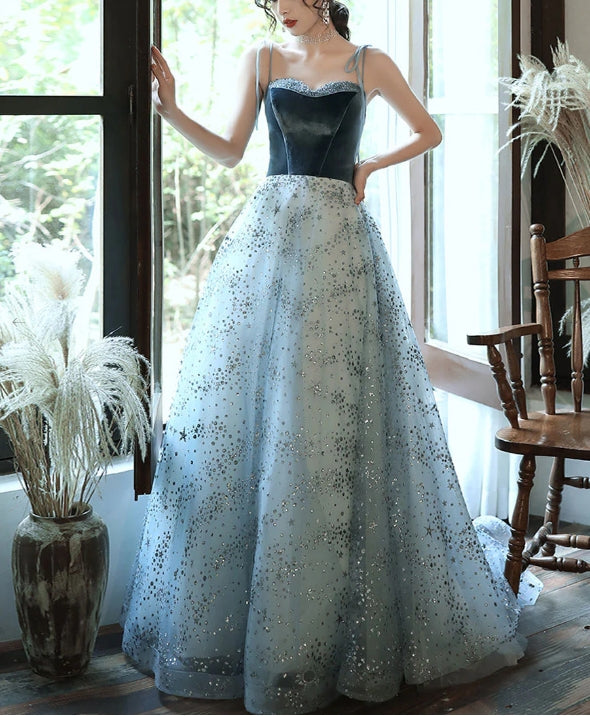 Aline tulle sequin long prom dress blue tulle long prom dress