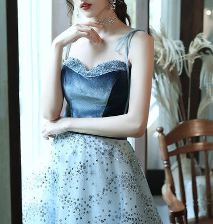 Aline tulle sequin long prom dress blue tulle long prom dress