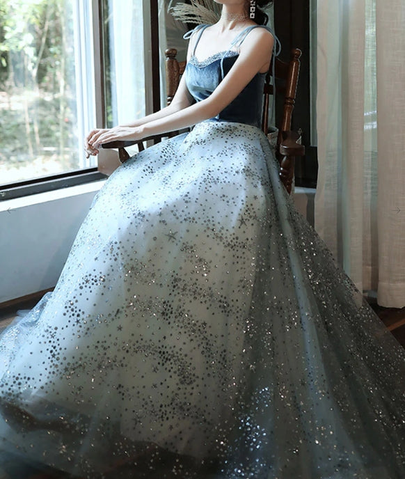Aline tulle sequin long prom dress blue tulle long prom dress