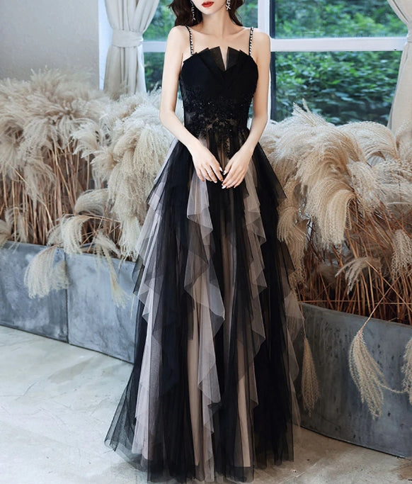 Black Aline tulle long prom dress black lace formal prom dress