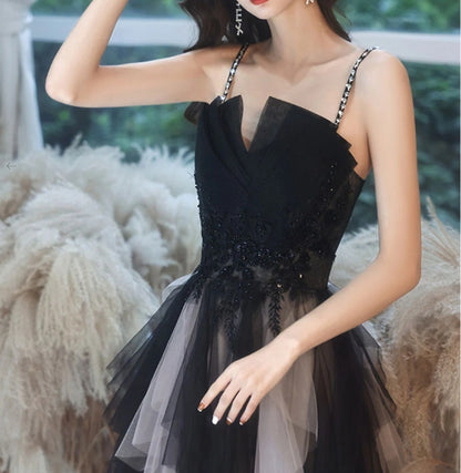 Black Aline tulle long prom dress black lace formal prom dress
