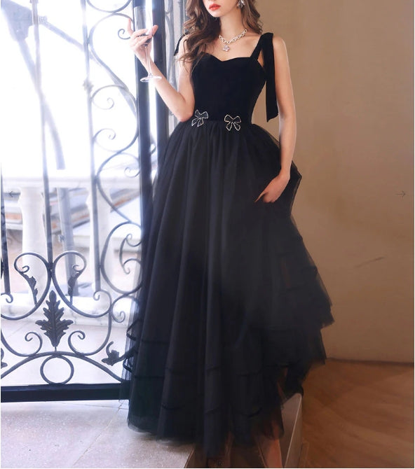 Black sweetheart neck tulle long prom dress black prom dress