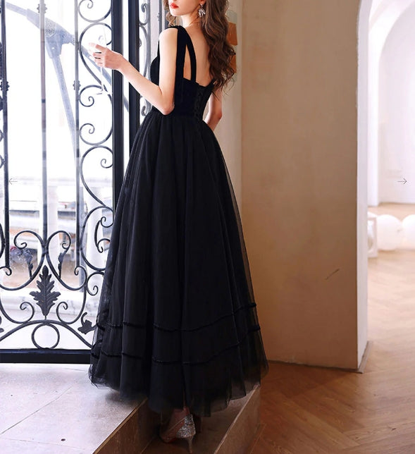 Black sweetheart neck tulle long prom dress black prom dress