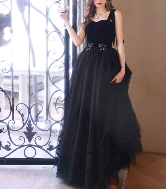 Black sweetheart neck tulle long prom dress black prom dress