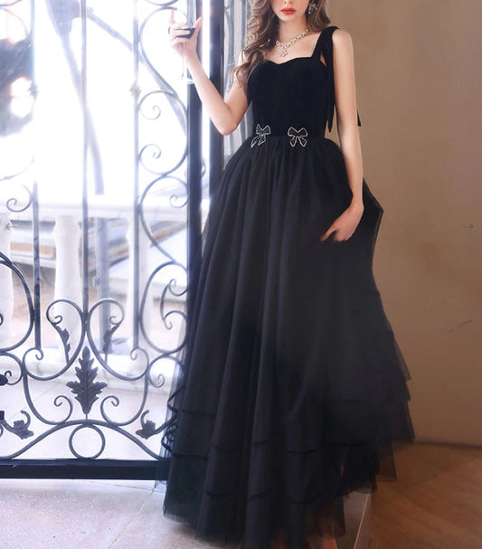 Black sweetheart neck tulle long prom dress black prom dress