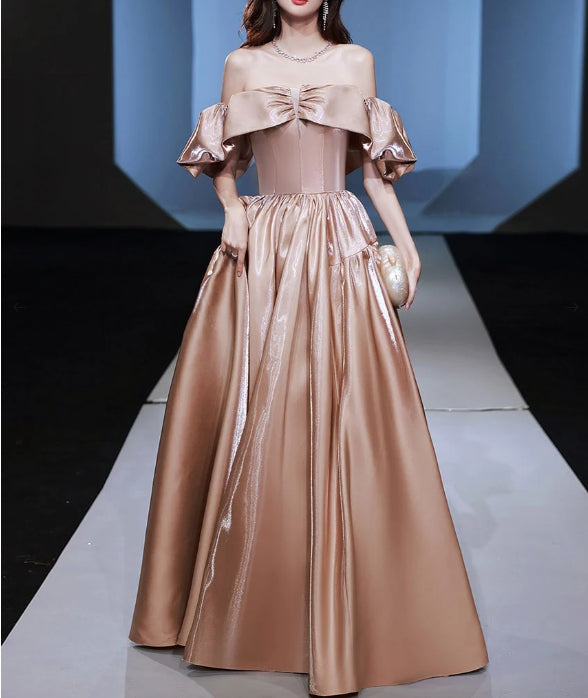 Simple off shoulder satin long prom dress champagne prom dress