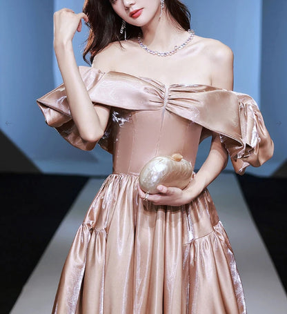 Simple off shoulder satin long prom dress champagne prom dress