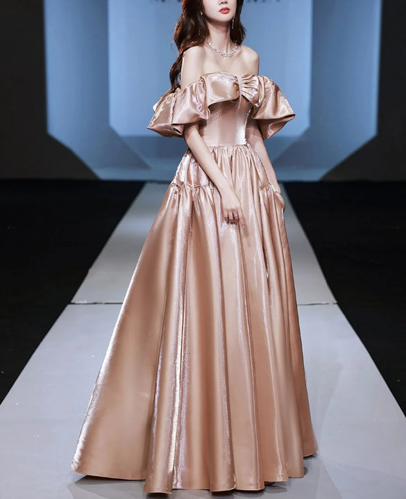 Simple off shoulder satin long prom dress champagne prom dress