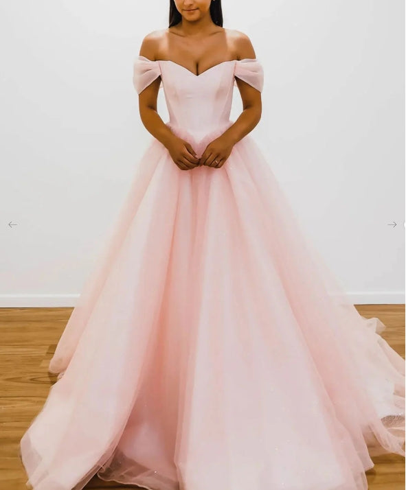 Pink off shoulder tulle long prom dress pink A line prom dress