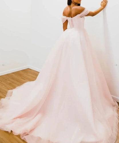 Pink off shoulder tulle long prom dress pink A line prom dress