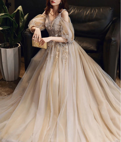 Champagne v neck tulle long prom dress champagne prom dress