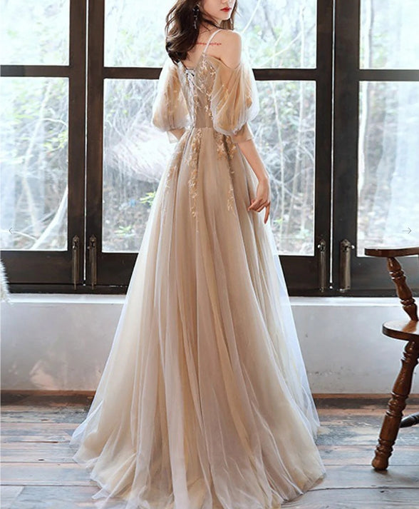 Champagne v neck tulle long prom dress champagne prom dress
