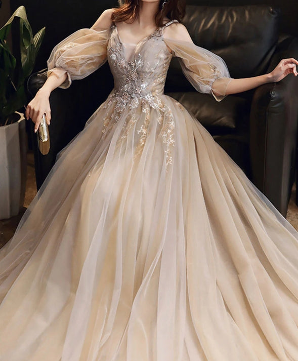 Champagne v neck tulle long prom dress champagne prom dress
