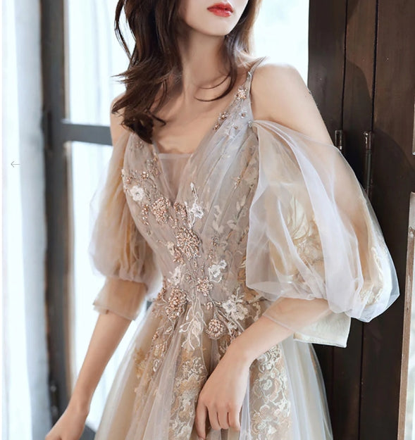 Champagne v neck tulle long prom dress champagne prom dress