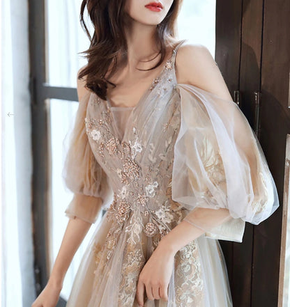 Champagne v neck tulle long prom dress champagne prom dress