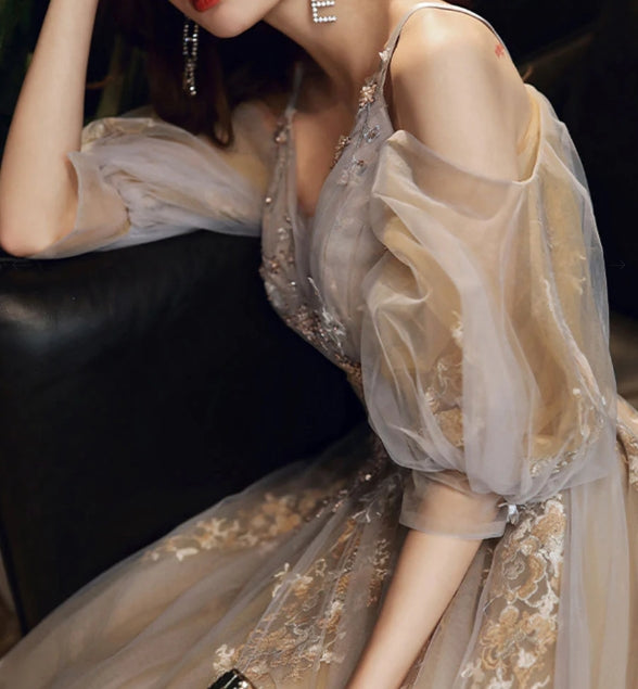 Champagne v neck tulle long prom dress champagne prom dress