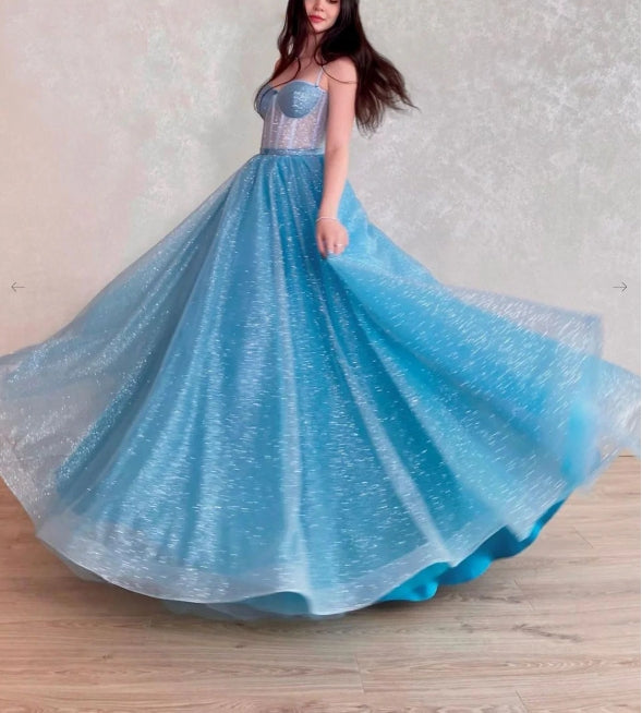 Blue sweetheart neck tulle sequin long prom dress blue prom dress