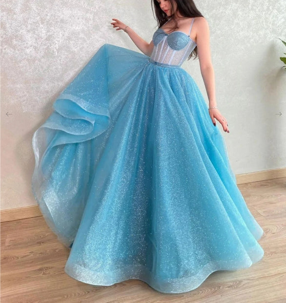 Blue sweetheart neck tulle sequin long prom dress blue prom dress