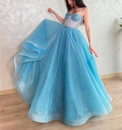 Blue sweetheart neck tulle sequin long prom dress blue prom dress