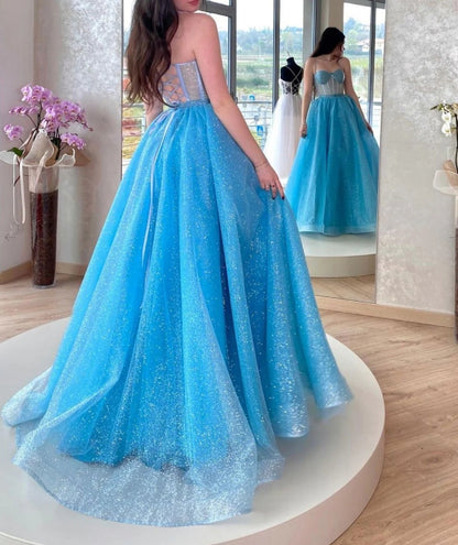 Blue sweetheart neck tulle sequin long prom dress blue prom dress