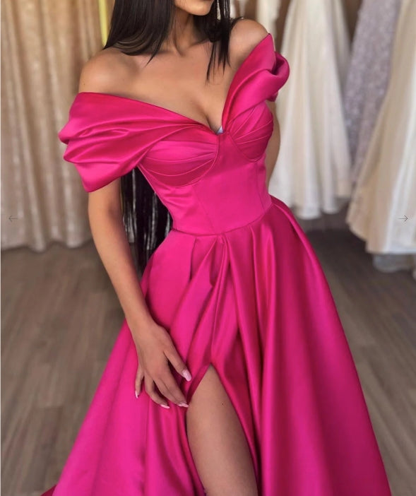 Elegant v neck off shoulder satin long prom dress formal prom dress