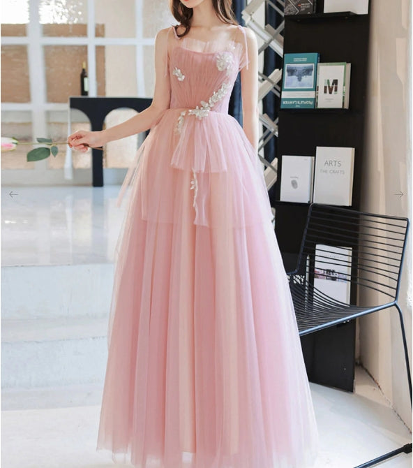 Pink tulle long prom dress pink A line tulle lace prom dress