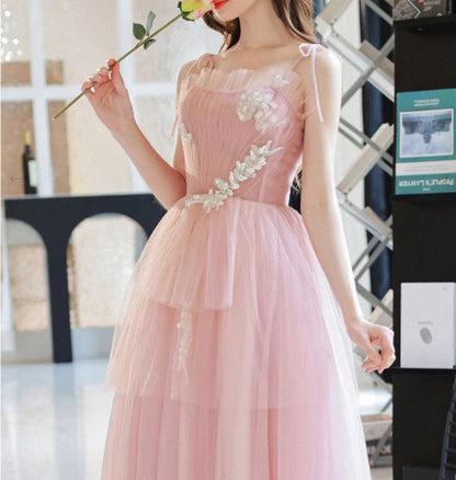 Pink tulle long prom dress pink A line tulle lace prom dress