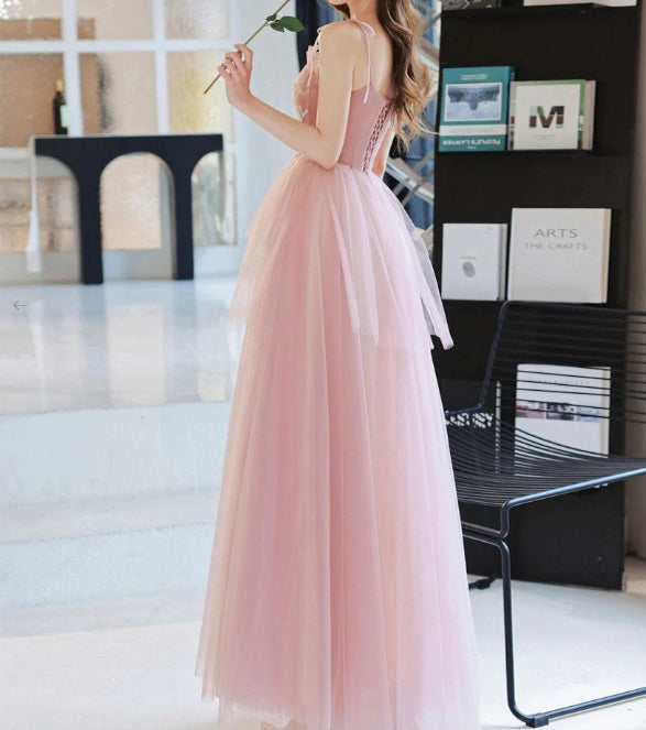 Pink tulle long prom dress pink A line tulle lace prom dress