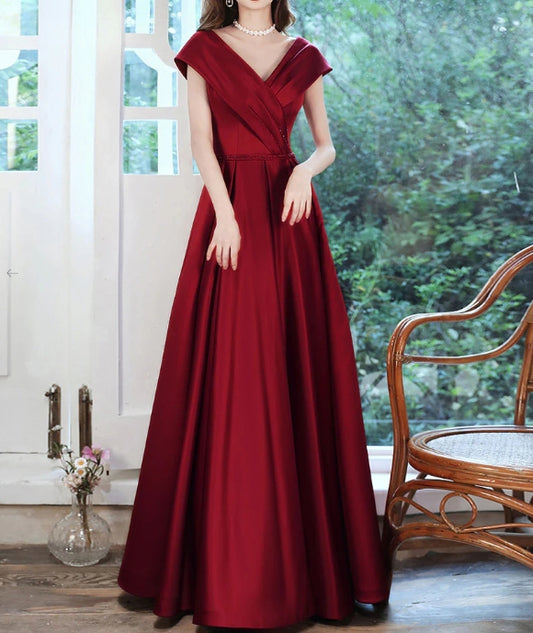 Burgundy v neck satin long prom dress burgundy prom dress