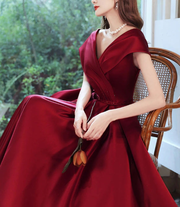 Burgundy v neck satin long prom dress burgundy prom dress