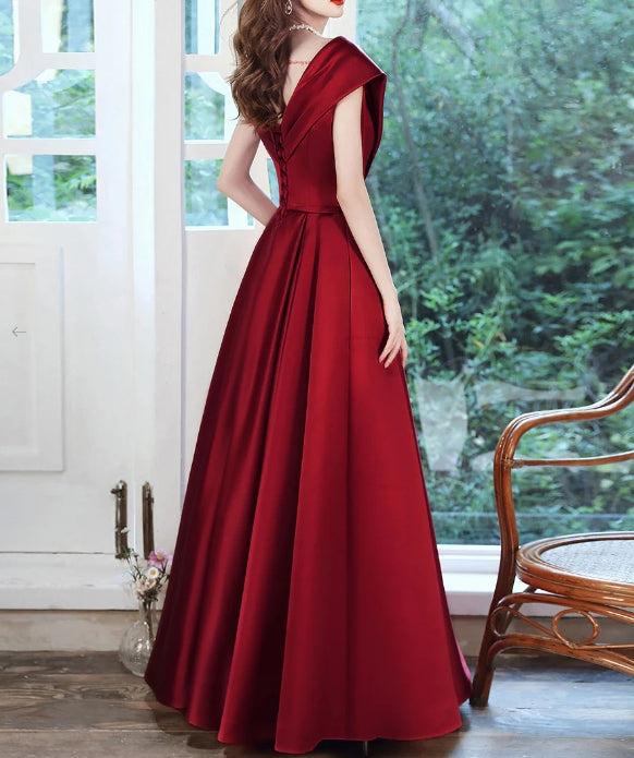 Burgundy v neck satin long prom dress burgundy prom dress